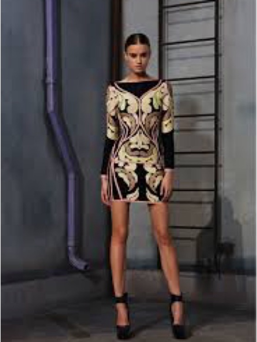 Herve Leger Black Long Sleeve Bodycon Dress with Pink and Yellow Embroidery